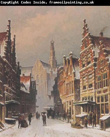 Eduard Alexander Hilverdink A snowy view of the Smedestraat, Haarlem